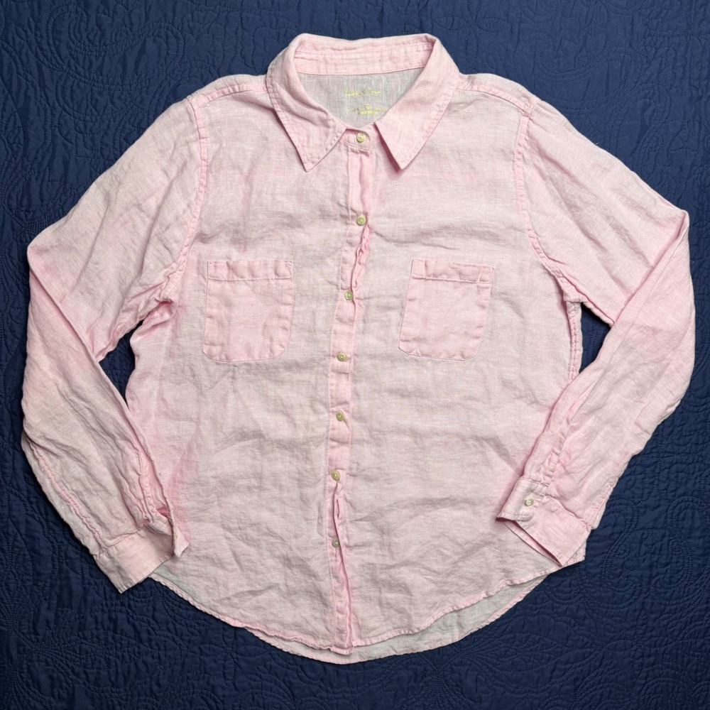 Lilly Pulitzer Women's Sea View Linen Button-Down Shirt Pink, Size Large
